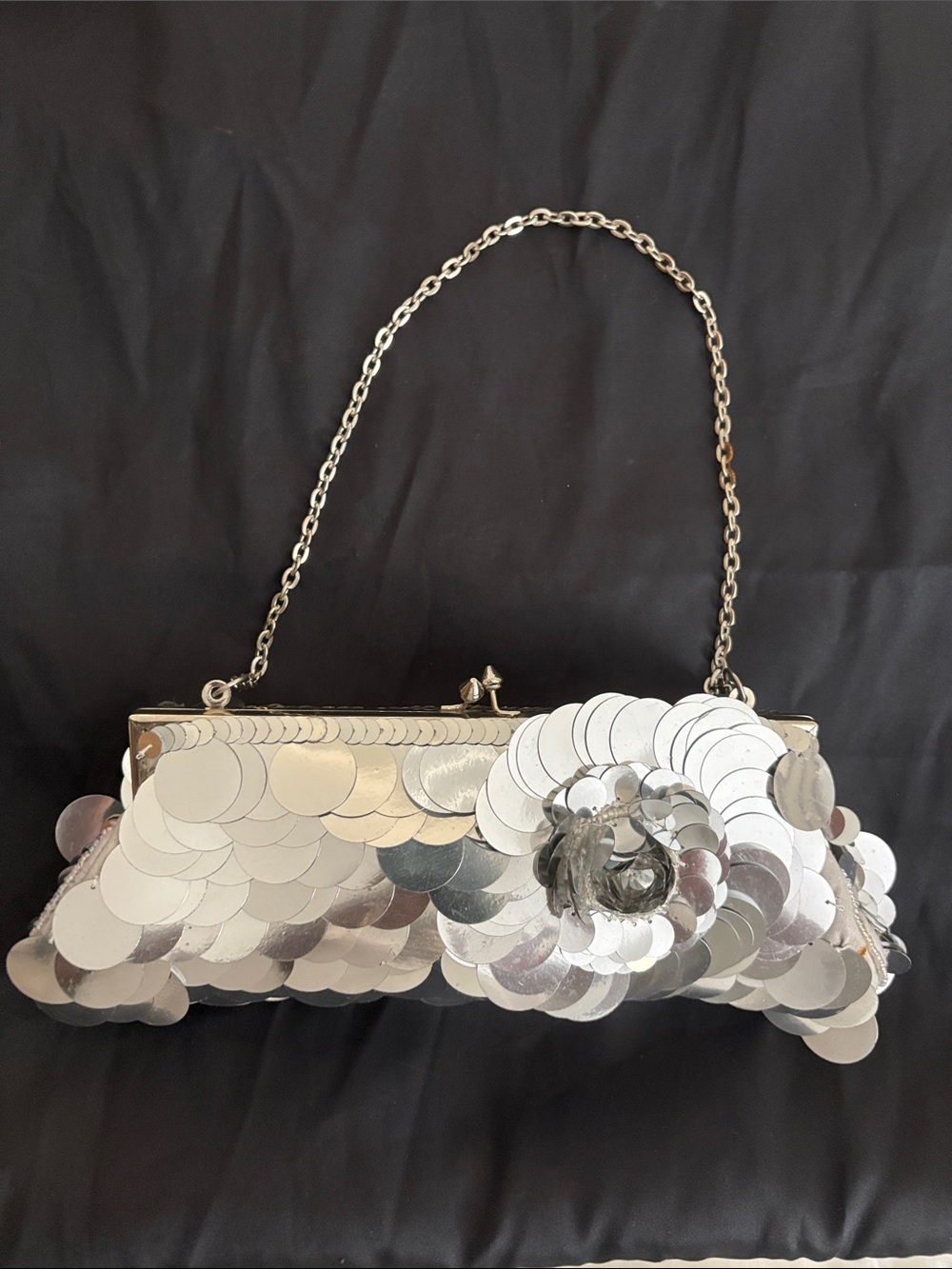 Silver Sequin Chain-Handle Evening Clutch